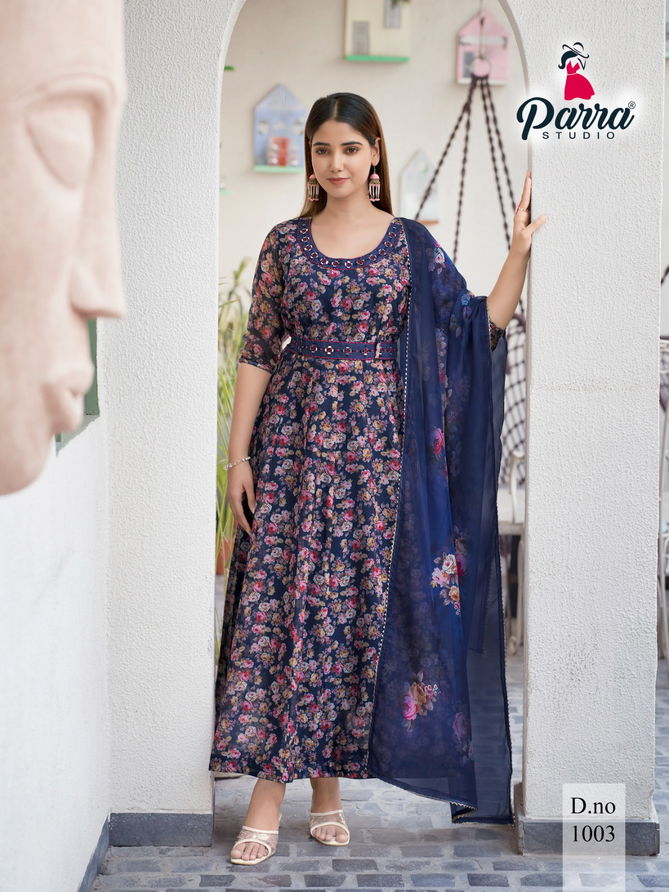 Sangin By Parra Studio Soft Organza Digital Print Anarkali Kurti With Bottom Dupatta Wholesale Shop In Surat